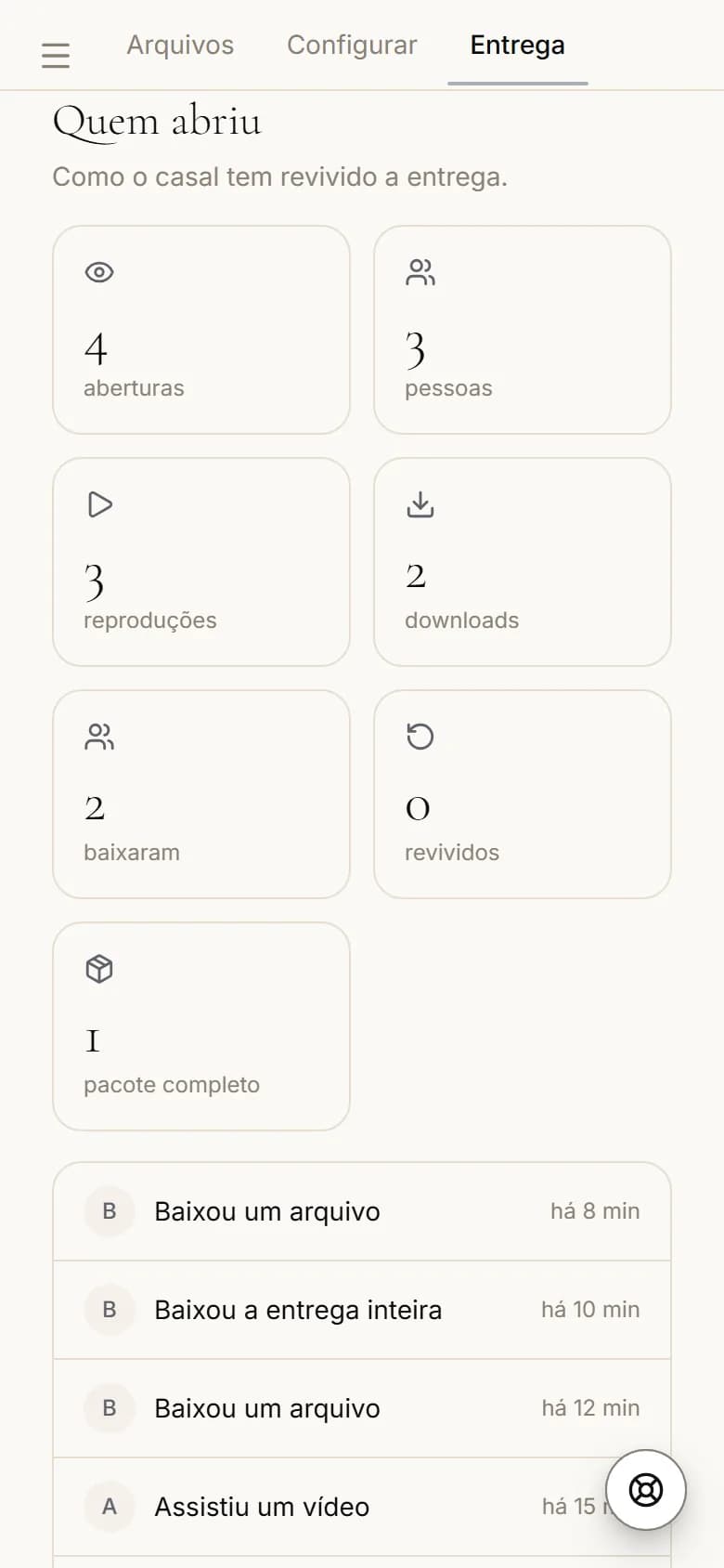Painel do estúdio no celular mostrando quem abriu a entrega e quem baixou