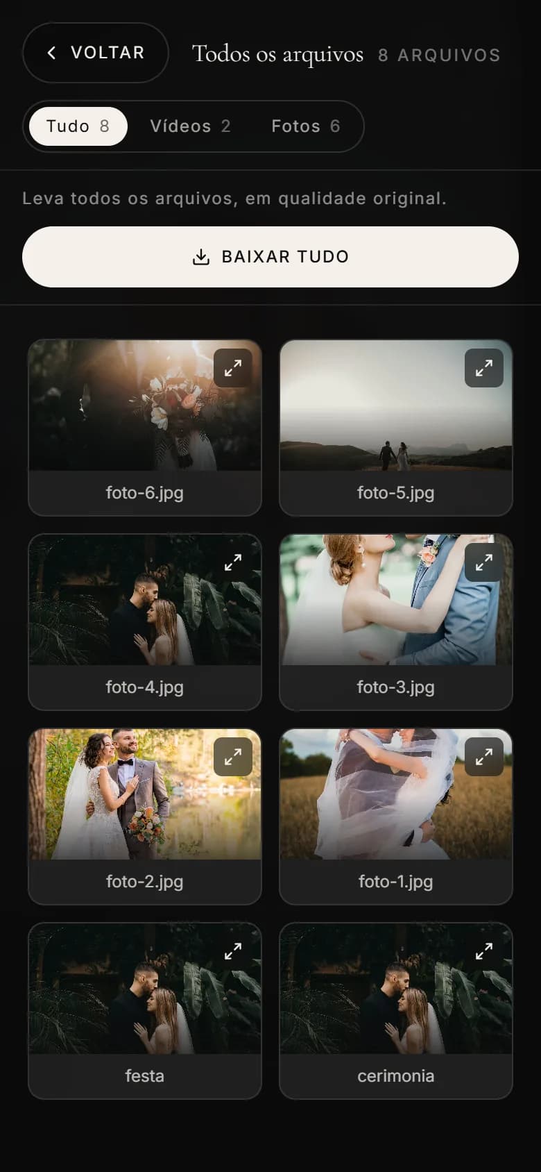 Lista de fotos e vídeos da entrega no celular, com o botão Baixar tudo