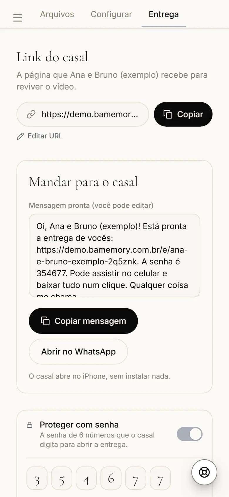 Painel do estúdio no celular com o link e a senha da entrega, prontos para copiar